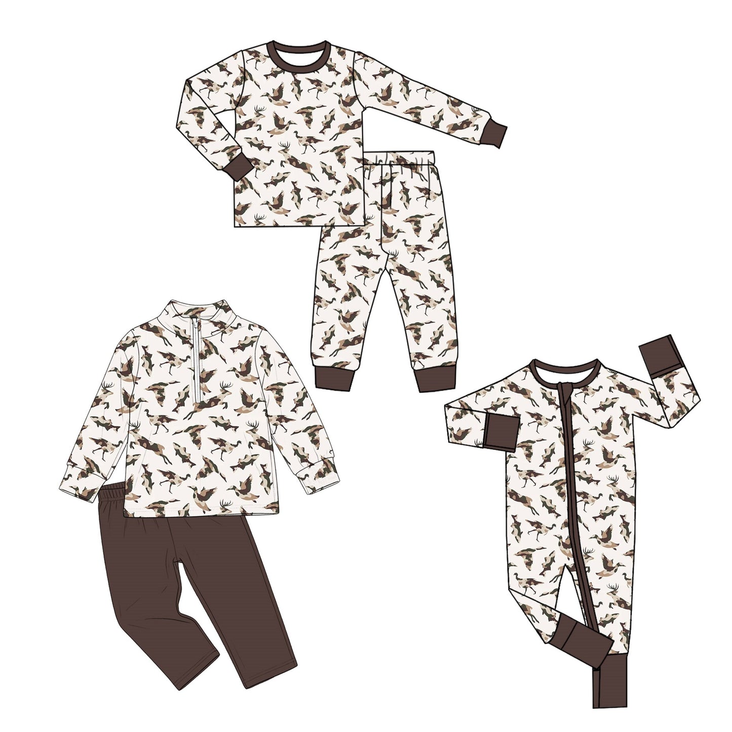 (Preorder new) No moq Baby Boys Ducks Print Zip Pullovers Leggings Hunting Clothes Set Pajamas Set Romper