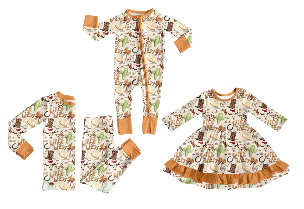 (Preorder new) No moq milk silk Baby Girls West Bull Skull Cactus Loose Western Sleepwear Sets Dress Rompers