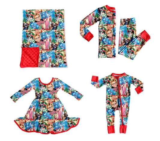 (Preorder new) No moq Baby Girls Boys Christmas Blue Print Long Sleeve Top And Pants Pajama Set Rompers Dress Blankets