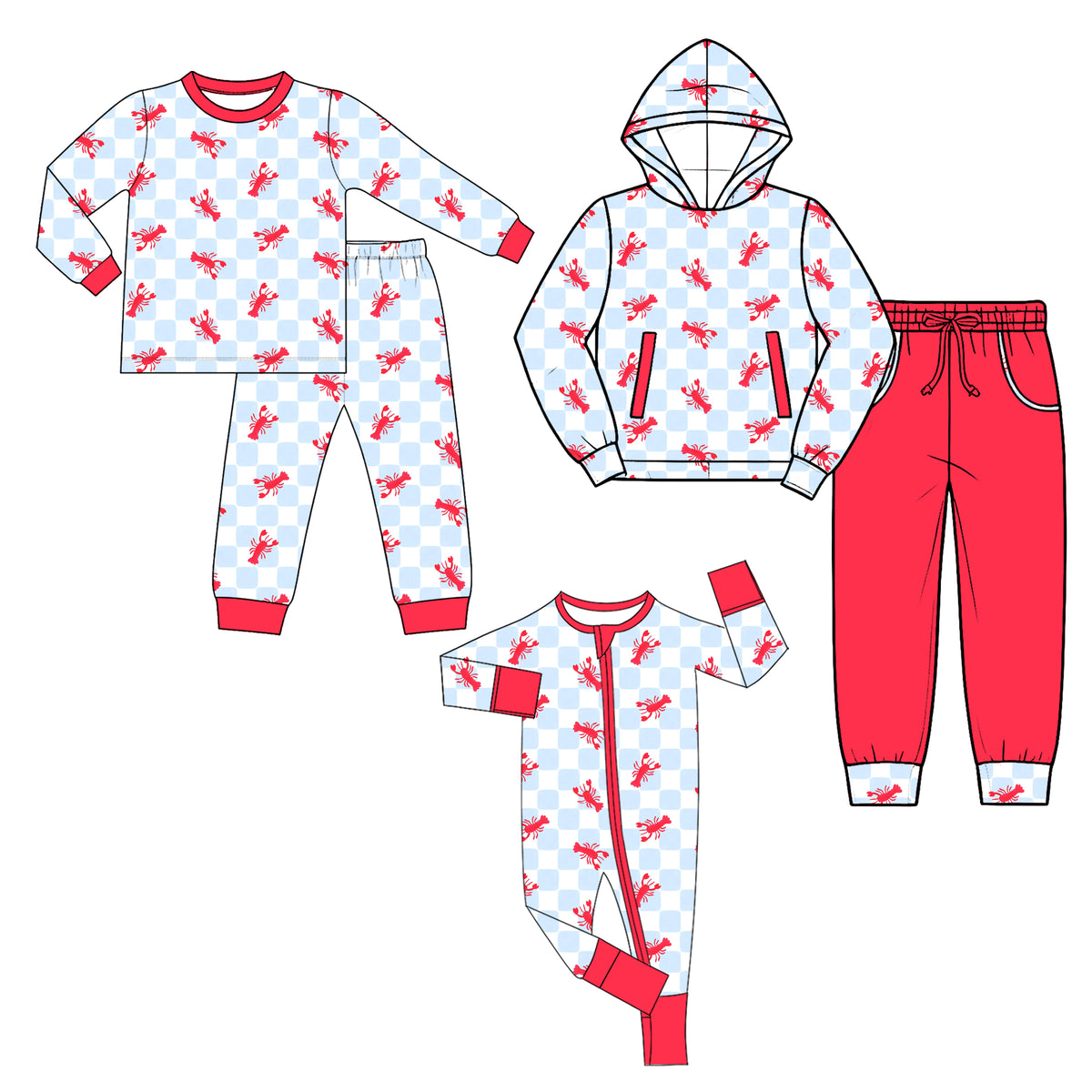 (Preorder new) No moq Baby Boys Light Blue Checkered Red Crawfish Print Kids Hoodie Pajama Set Baby Zipper Romper