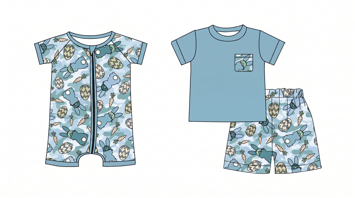 (Preorder new) No moq Baby Boys Blue Camo Easter Bunny Egg Carrot Print Short Sleeve Zip Romper And Pocket Tee Shorts Holiday Outfit Set