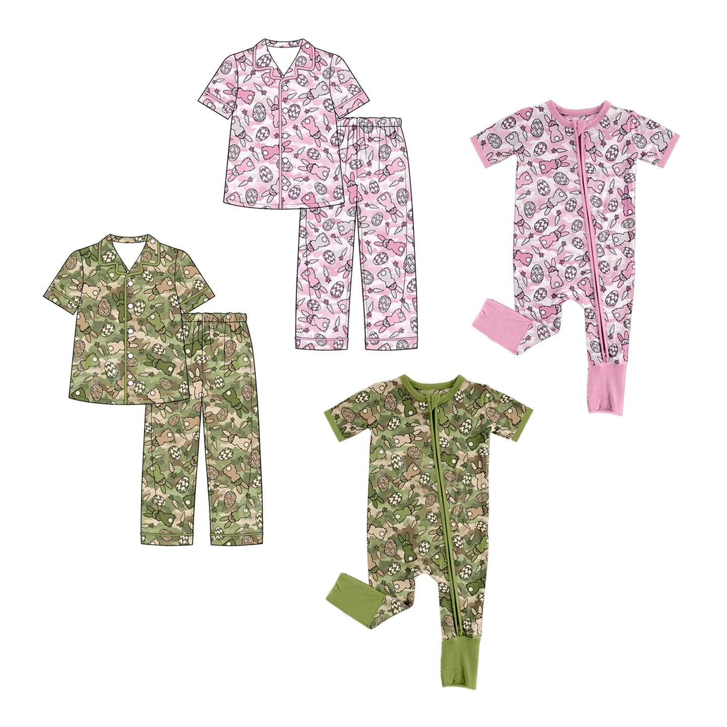 (Preorder new) No moq Baby Girls And Boys Easter Bunny Egg Camo Print Button Down Short Sleeve Top And Long Pants Pajama Set Rompers