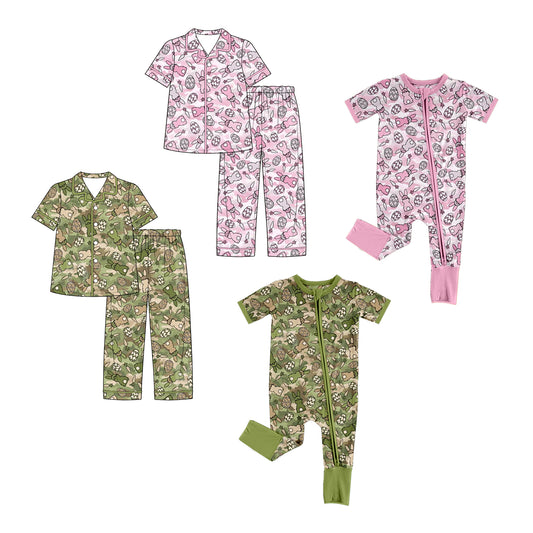 (Preorder new) No moq Baby Girls And Boys Easter Bunny Egg Camo Print Button Down Short Sleeve Top And Long Pants Pajama Set Rompers