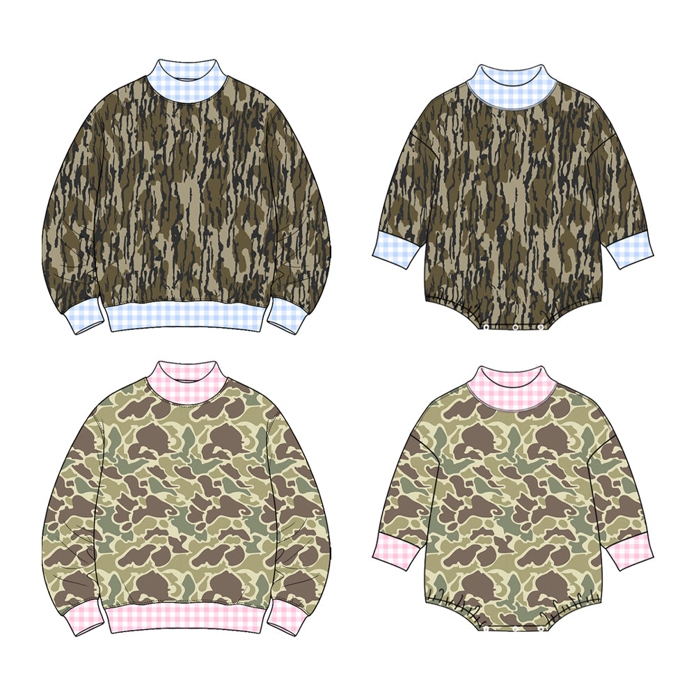 (Preorder new) No moq Baby Girls Boys Long Sleeve Wood Camo Print T‑shirts Top Camo Rompers
