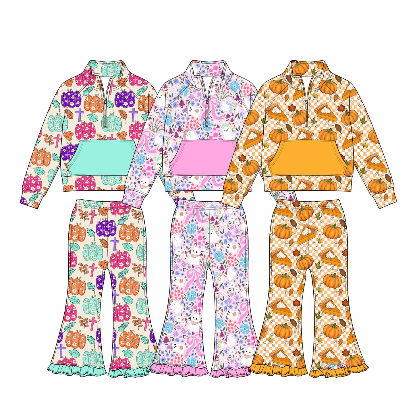 (Preorder new) No moq Baby Girls Pumpkin Cake Zip Pocket Pullover Flare Pant Set Farm Thanksgiving Holiday Wear