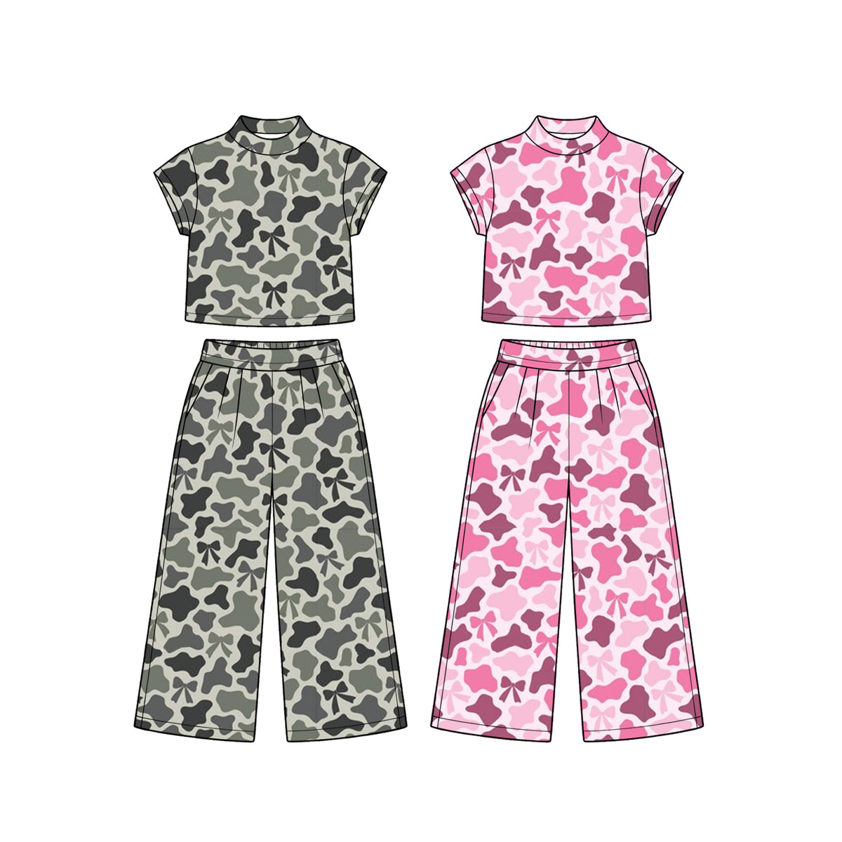 (Preorder new) No moq Baby Girls Camo Short Sleeve Top And Wide Leg Pants Set