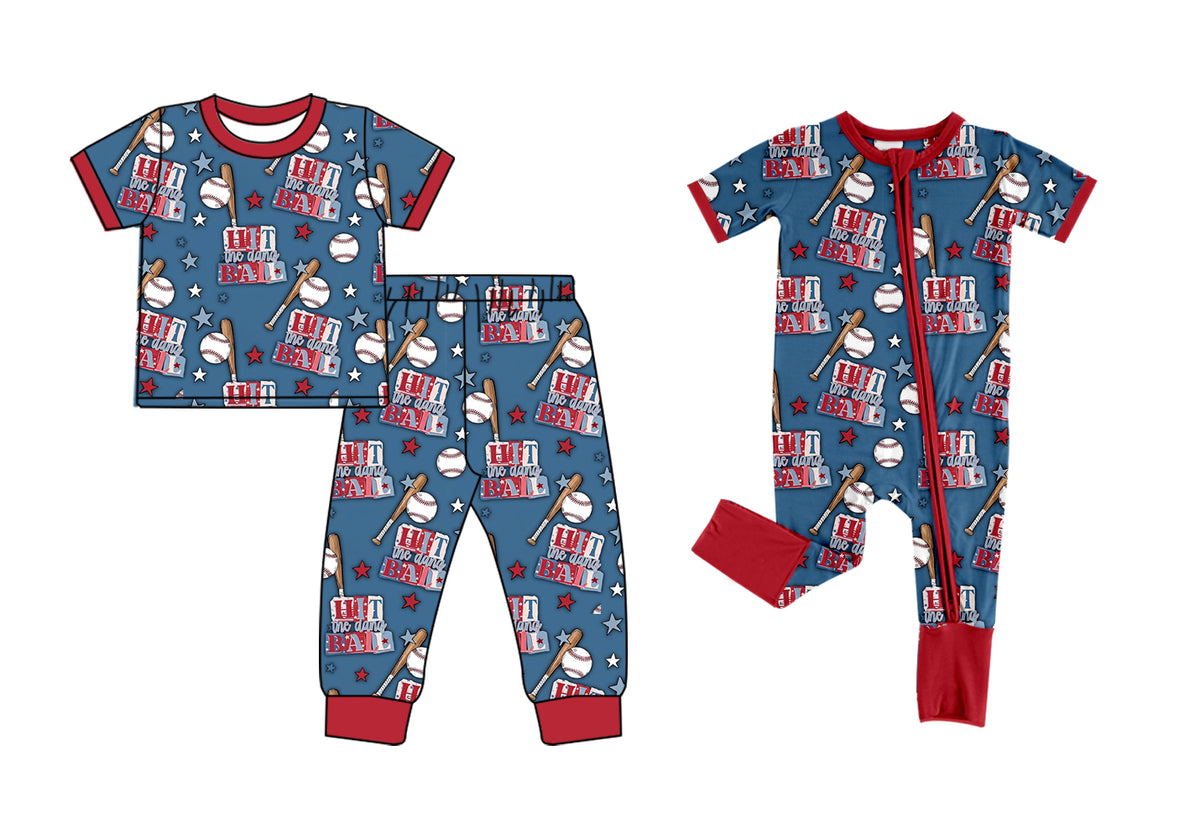 (Preorder new) No moq Baby Boys Blue Baseball Print Short Sleeve Pajama Set And Zipper Romper