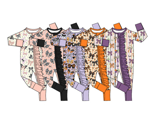 (Pre Order) No moq milk silk Baby Girls Bows Spiders Halloween Two Way Ruffle Zip Convertible Romper
