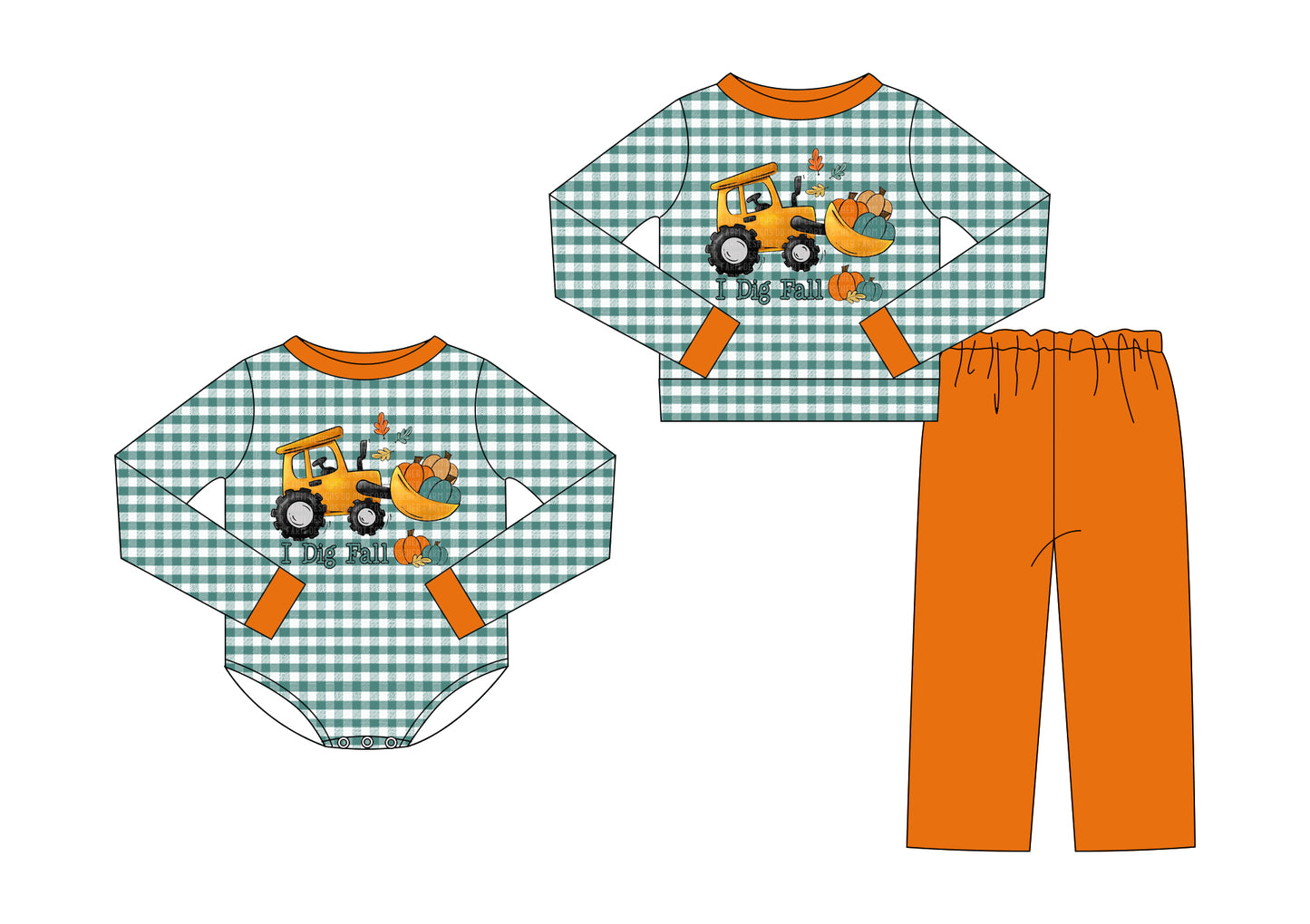 (Preorder new) No moq Baby Boys Fall Pumpkin Truck Plaid Print Top Pant Set Rompers