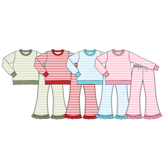 (Preorder new) No moq Baby Girls Striped Long Sleeve Top and Ruffle Flare Pants Set