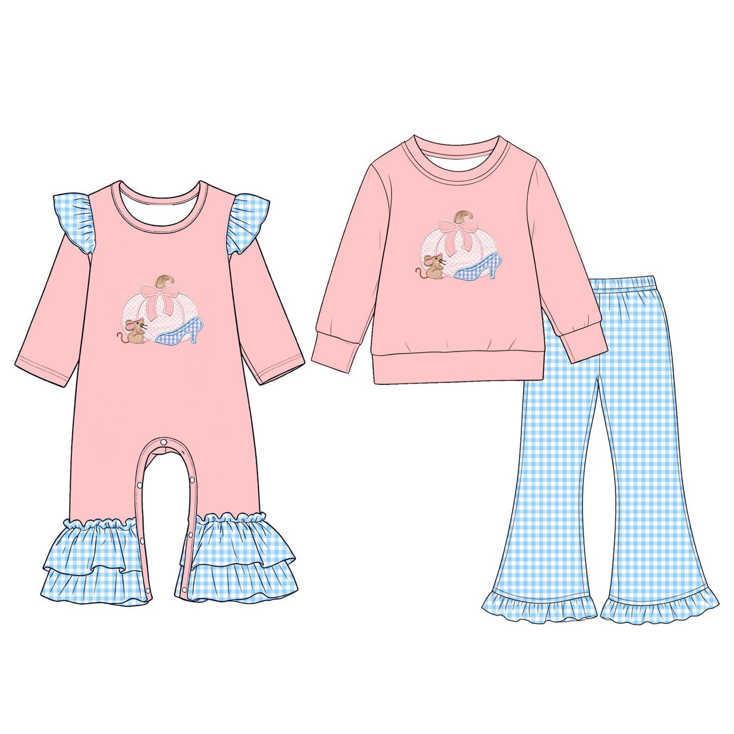 (Preorder new) No moq Baby Girls Light Blue Gingham Ruffle Flare Pants Ruffle Set Shoulder Long Sleeve Baby Romper
