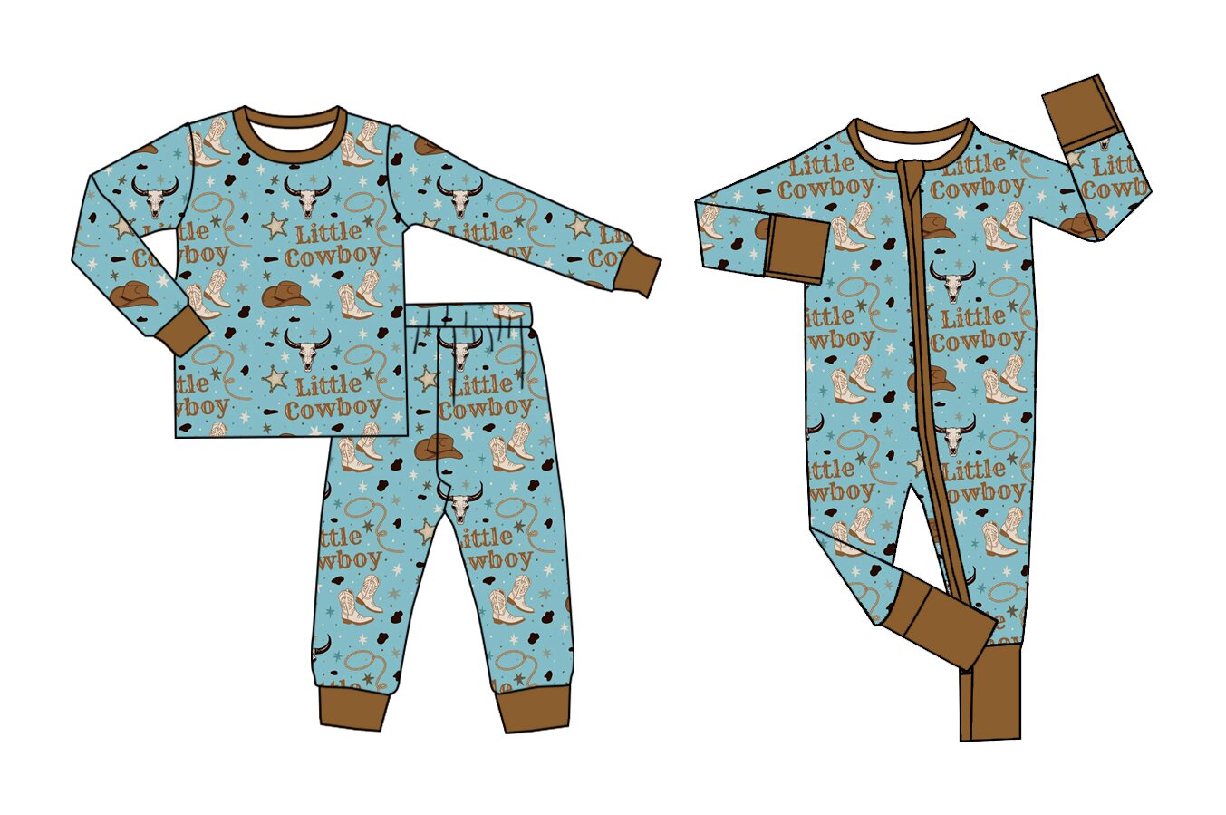 (Preorder new) No moq Baby Boys Western Little Cowboy Boots Print Top Pants Pajamas Sets Two Way Zip Convertible Rompers