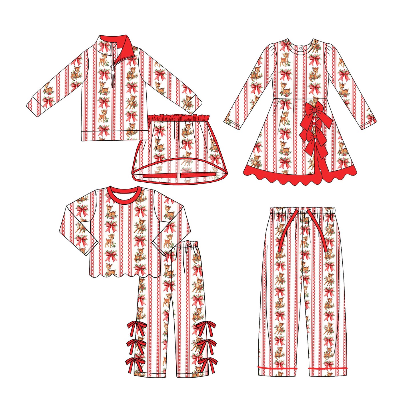 (Preorder new) No moq Baby Girls Christmas Deer Red Bow Stripe Print Long Sleeve Half Zip Top Skort Set Dress Adult Pant