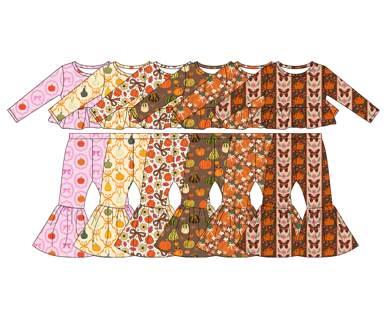 (Pre Order) No moq Toddler Girls Cute Bows Pumpkin Print Bell Bottom Pant Fall Set