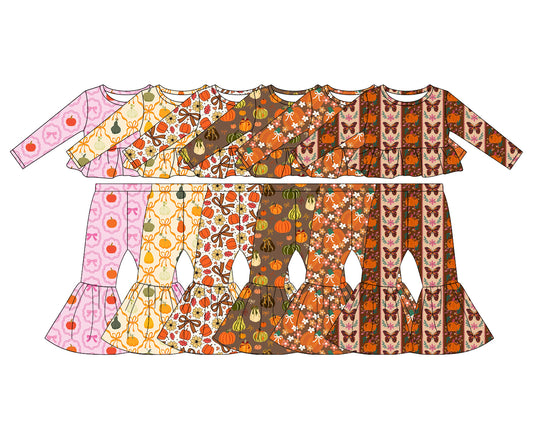 (Pre Order) No moq Toddler Girls Cute Bows Pumpkin Print Bell Bottom Pant Fall Set