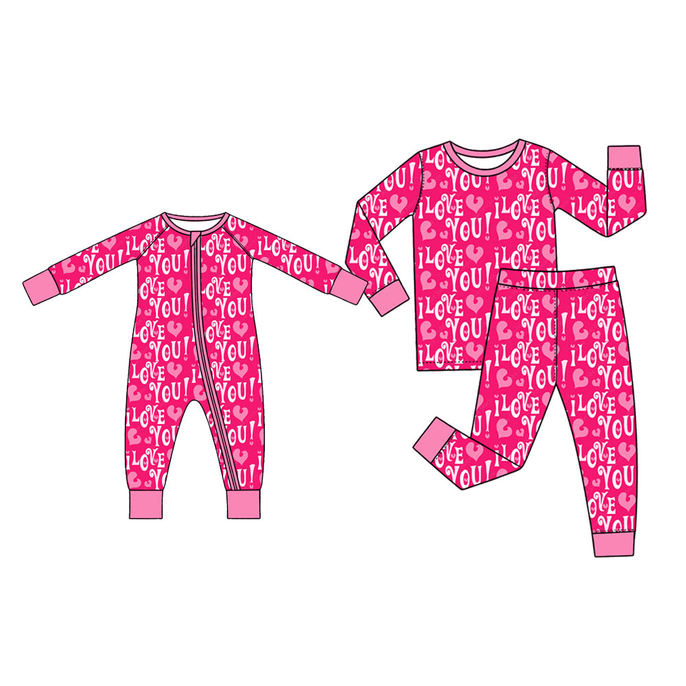 (Preorder new) No moq Baby Girls Pink I Love You Heart Print Long Sleeve Zipper Romper And Top Pant Pajama Set
