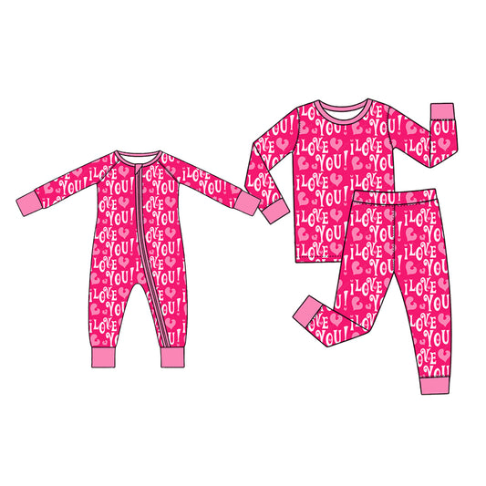 (Preorder new) No moq Baby Girls Pink I Love You Heart Print Long Sleeve Zipper Romper And Top Pant Pajama Set