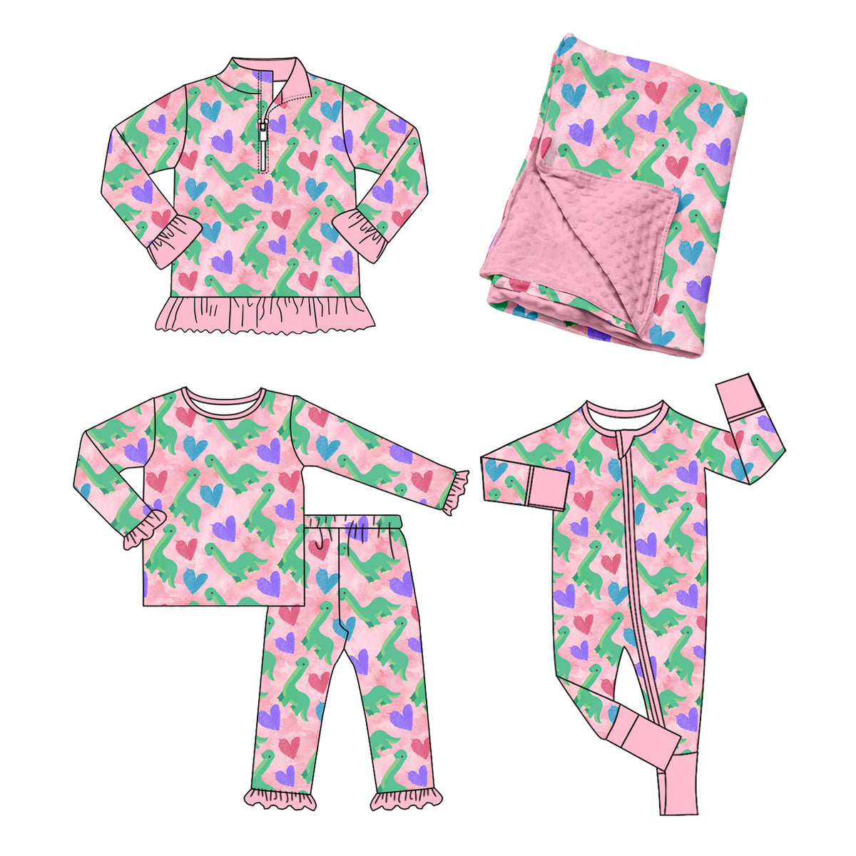 (Preorder new) No moq Baby Girls Pink Heart Print Bamboo Pajama Set Ruffle Half Zip Sleepwear Minky Blanket