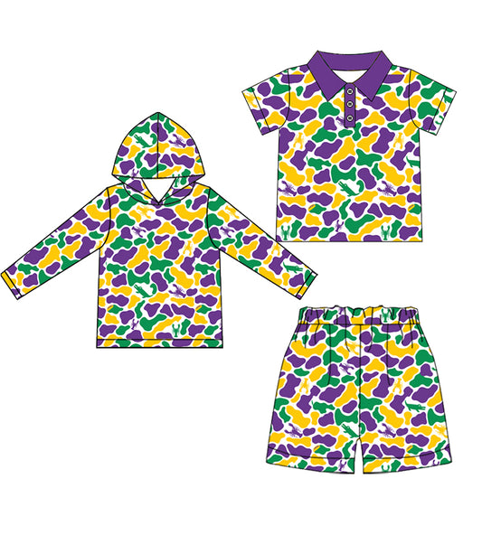 (Preorder new) No moq Baby Boys Camo Crawfish Print Hoodie Short Sleeve Polo Shirt Short Set