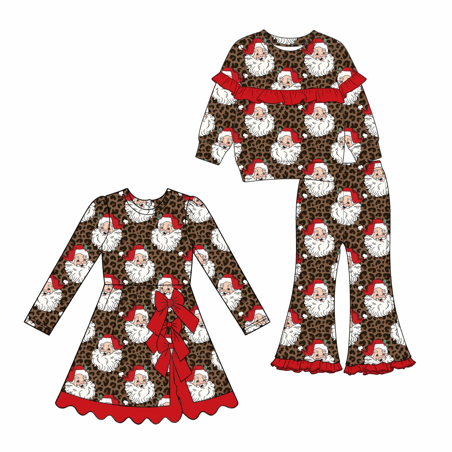 (Preorder new) No moq Baby Girls Leopard Santa Print Long Sleeve Top Flare Pants Set Yoga Active Knee Length Dress