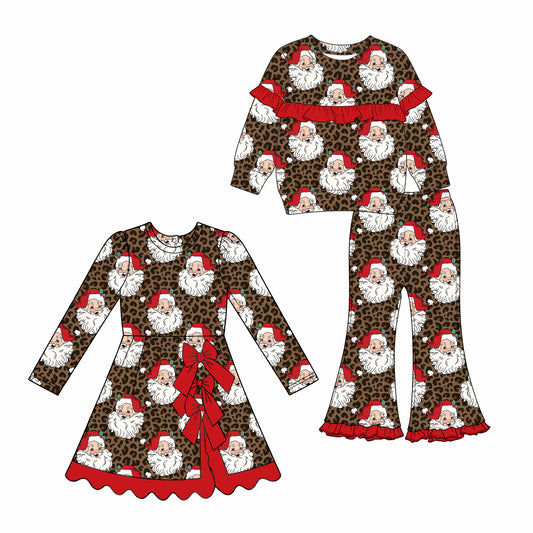 (Preorder new) No moq Baby Girls Leopard Santa Print Long Sleeve Top Flare Pants Set Yoga Active Knee Length Dress