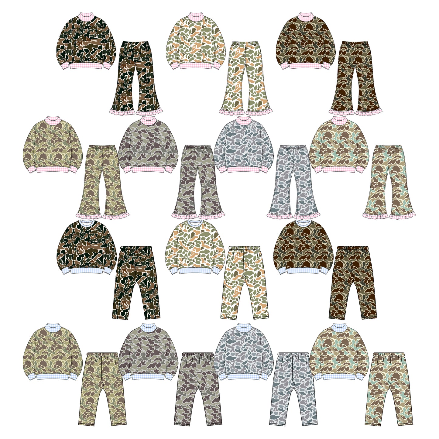 (Preorder new) No moq Baby Girls High Neck Camo Long Sleeve Top Ruffle Hem Flare Pant Set