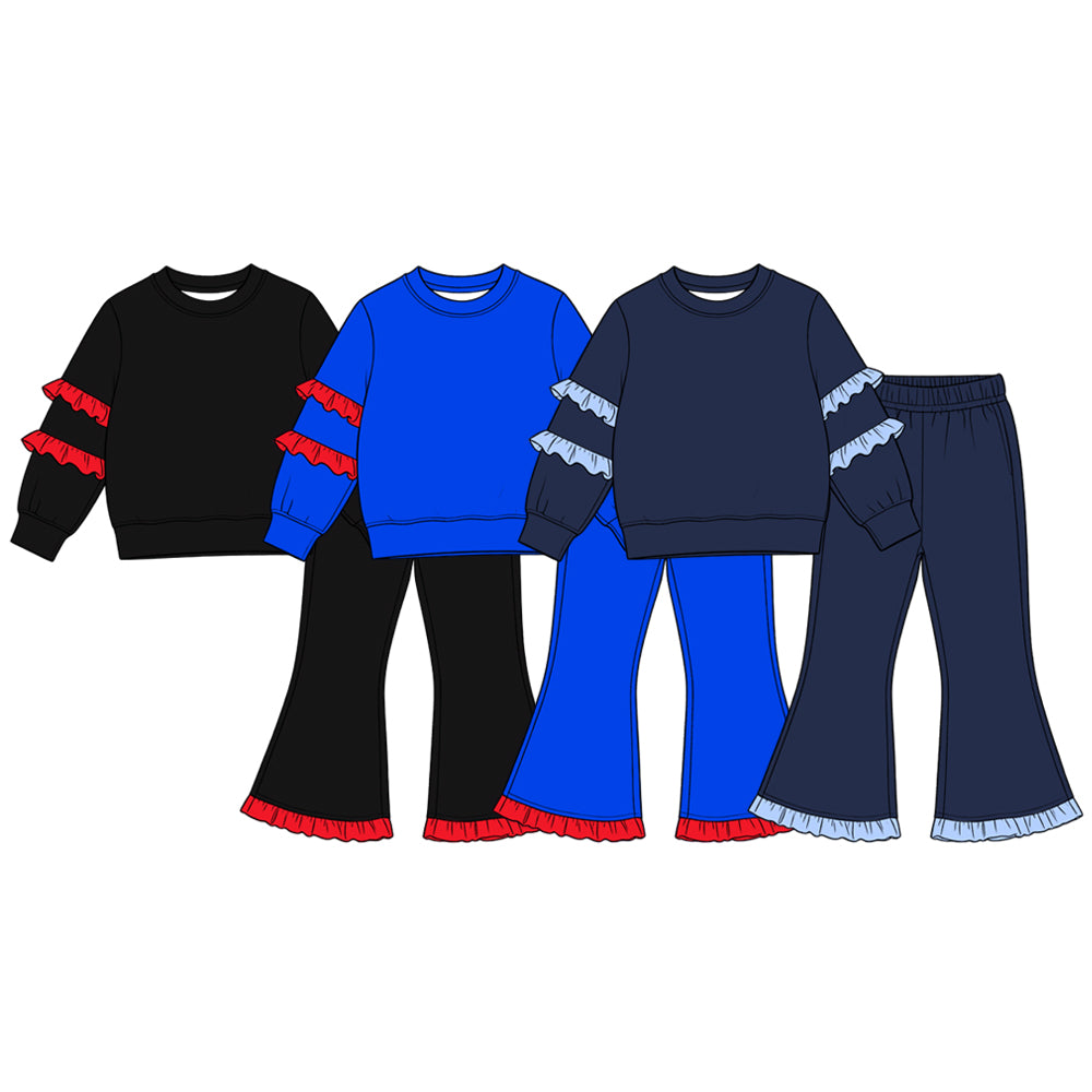 (Preorder new) No moq Baby Girls Solid Color Ruffle Sleeve Sweatshirt And Flare Pant Outfit Set