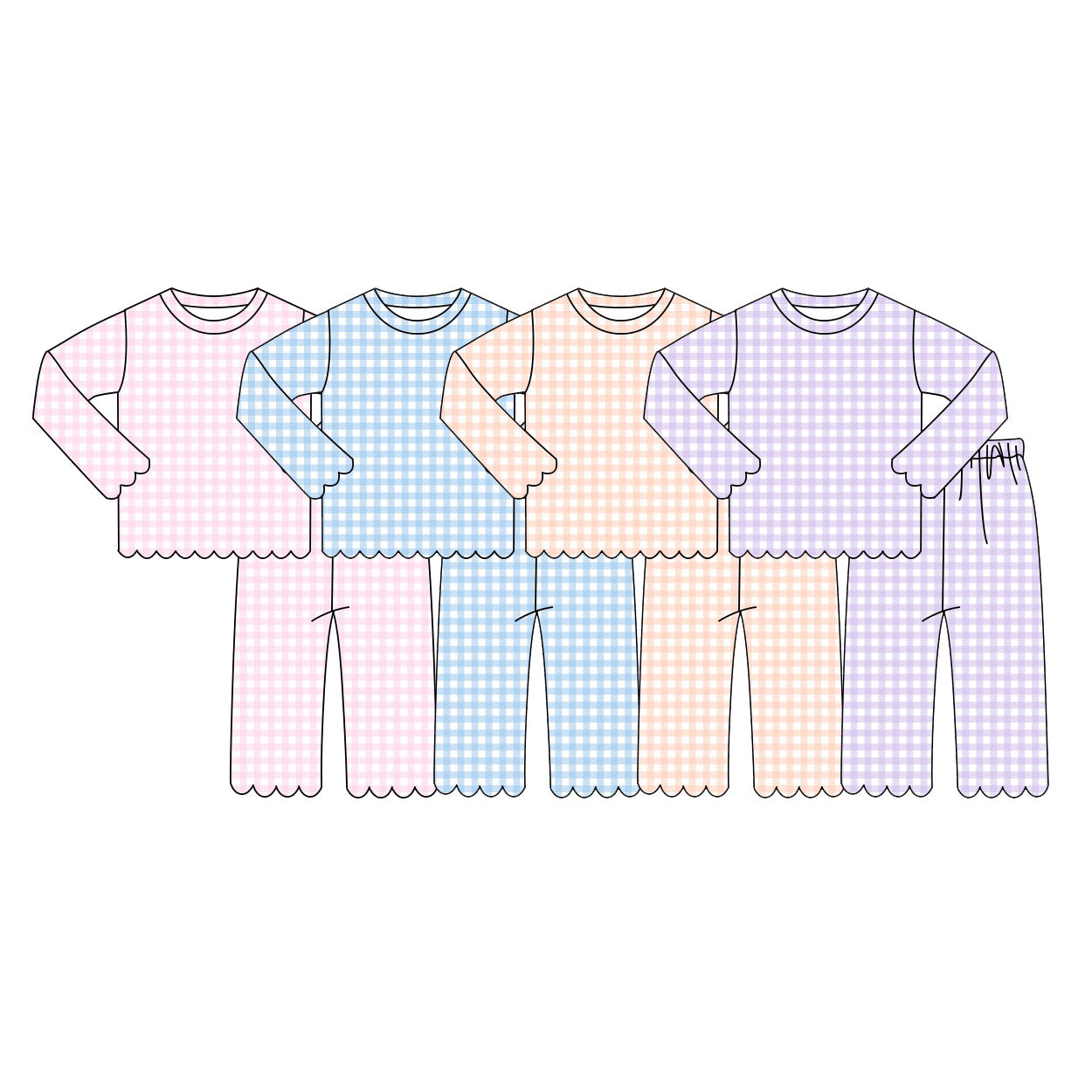 (Preorder new) No moq Baby Girls Plaid Printed Long Sleeve Scallop Trim Top Pants Daily Pajama Sets