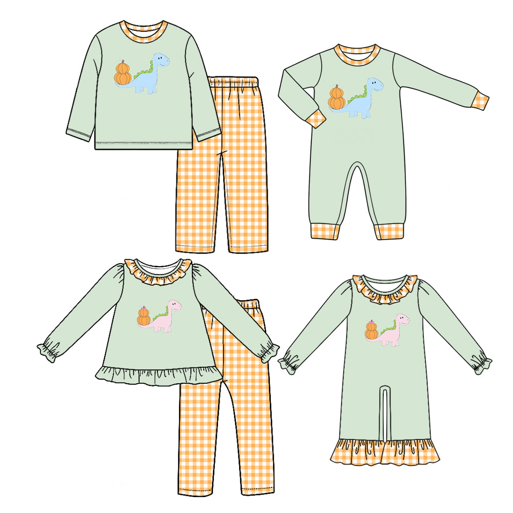(Preorder new) No moq Baby Girls Boys Mint Green Pink Dinosaur Pumpkin  Long Sleeve Top Pants Set  Rompers