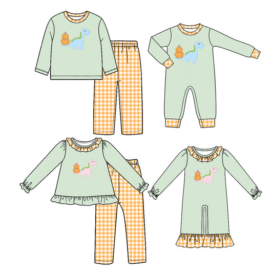 (Preorder new) No moq Baby Girls Boys Mint Green Pink Dinosaur Pumpkin  Long Sleeve Top Pants Set  Rompers
