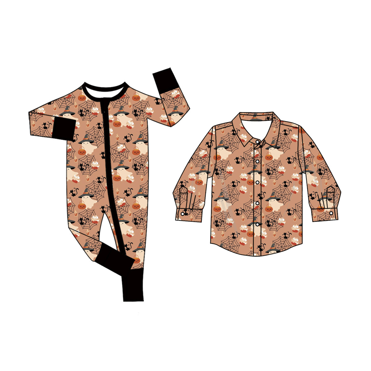 (Preorder new) No moq Boys Khaki Halloween Ghost Witch Hat Black Cat Print Long Sleeve Button Down Collared Shirt  Romper