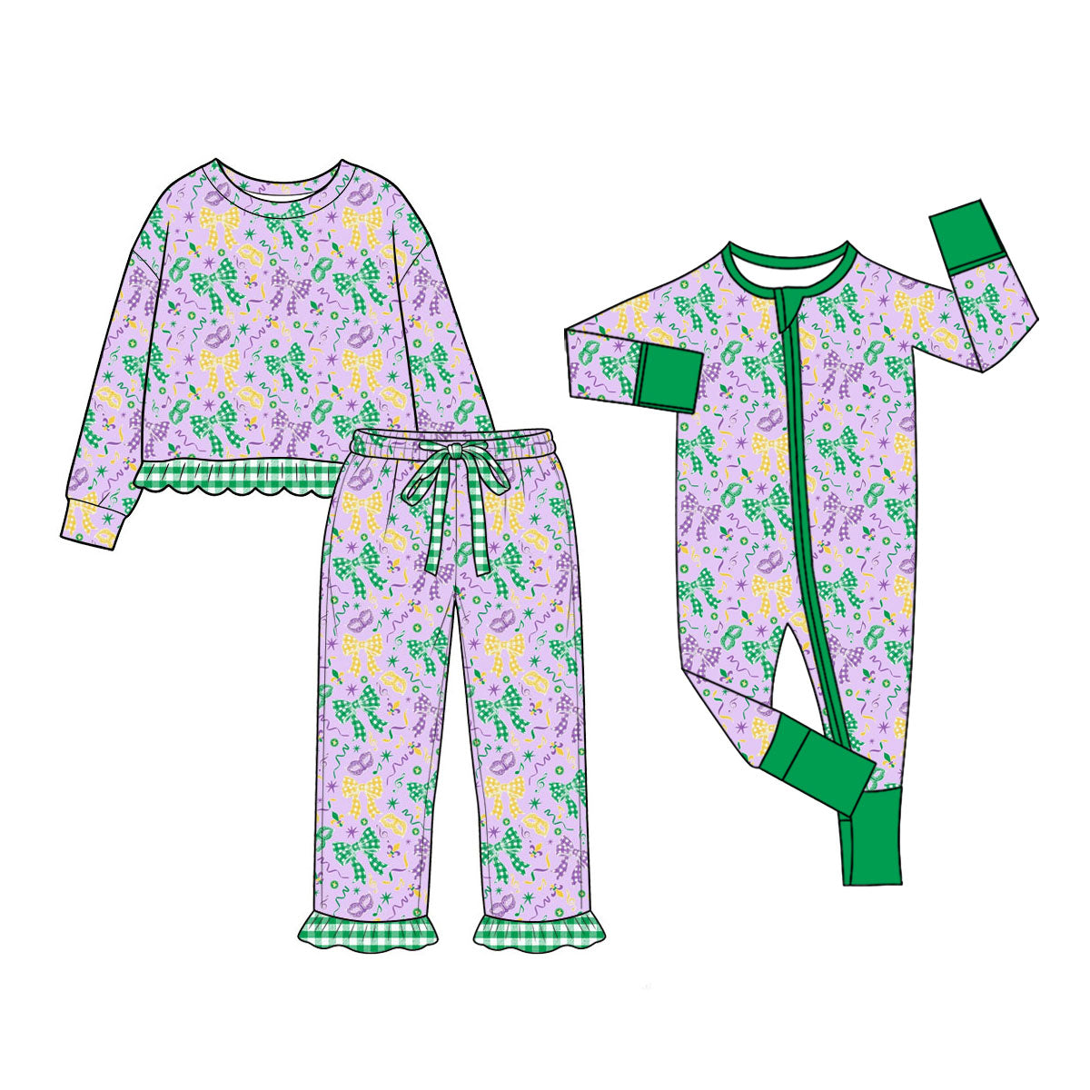 (Preorder new) No moq Baby Girls Mardi Gras Bow Print Long Sleeve Top Ruffle Hem Drawstring Pant Holiday Outfit Romper