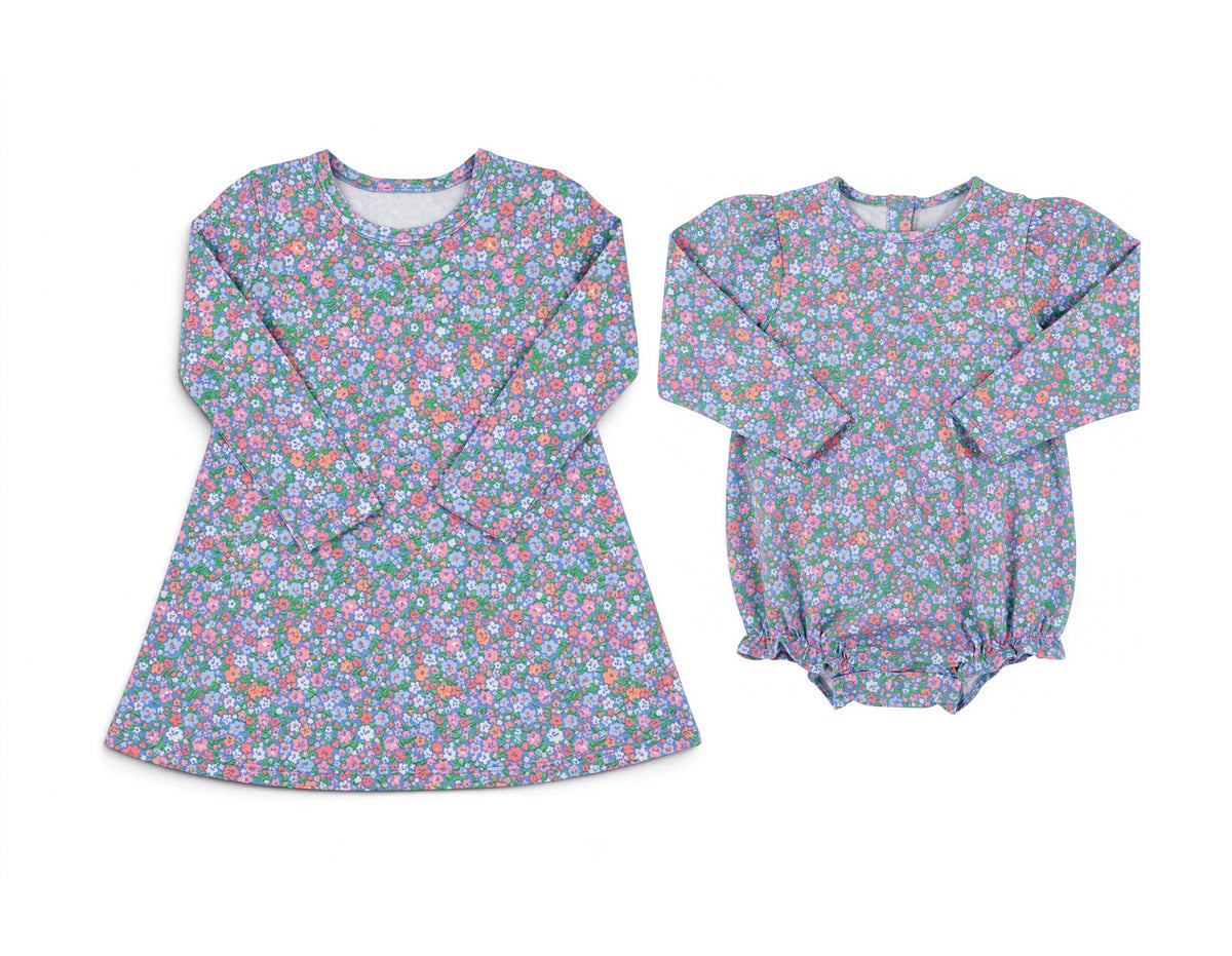 (Preorder new) No moq Baby Girls Long Sleeve Ditsy Floral Dress And Baby Girls Matching Floral Romper Set