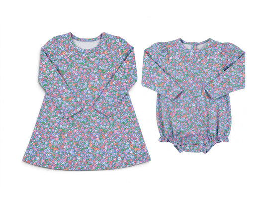 (Preorder new) No moq Baby Girls Long Sleeve Ditsy Floral Dress And Baby Girls Matching Floral Romper Set