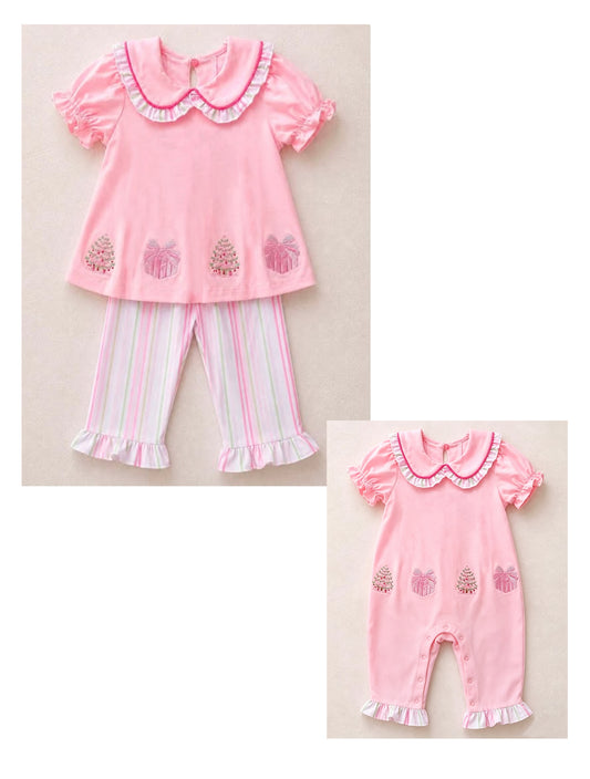 (Preorder new) No moq Baby Girls Pink Embroidered Christmas Tree Gift Short Sleeve  Top Striped Pant Outfit Short Sleeve Romper
