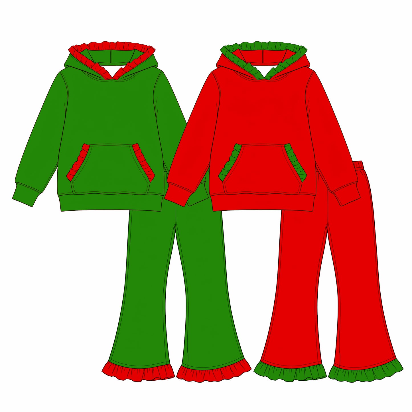 (Preorder new) No moq Baby Girls Solid Long Sleeve Hooded Top Ruffle Hem Flare Pant Clothes Set Casual Outfit