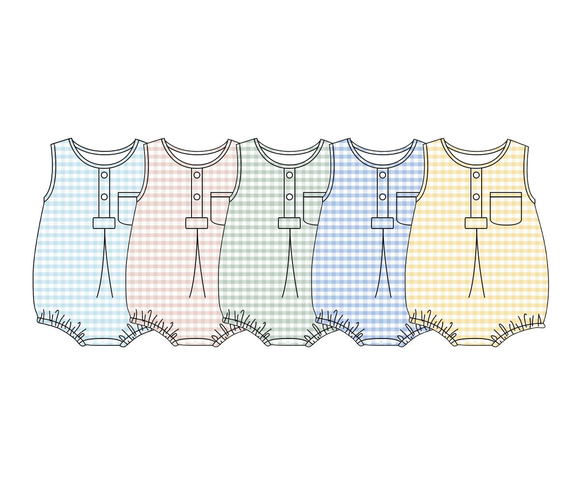 (Pre Order) No moq Infant Kids Sleeveless Checked Pocket Button Rompers