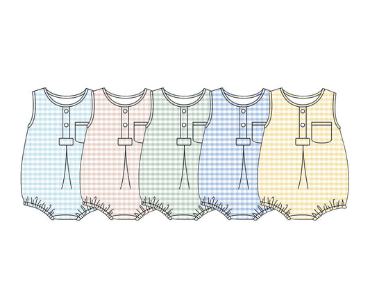 (Pre Order) No moq Infant Kids Sleeveless Checked Pocket Button Rompers