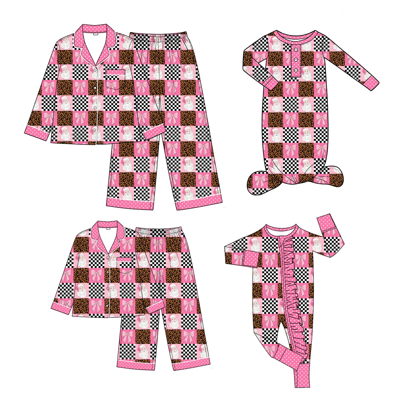 (Preorder new) No moq Adult To Match Kids Bows Santa Checked Pocket Button Top Pant Christmas Pajamas Sets Rompers Sleep Gown
