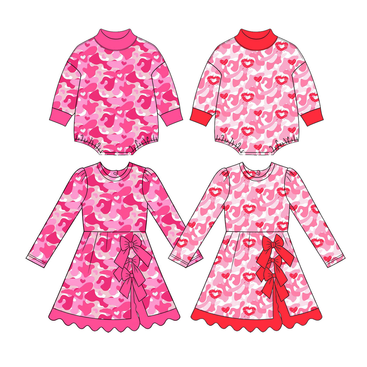 (Preorder new) No moq Baby Girls Pink Heart Camo Print Mock Neck Long Sleeve Romper And Bow Scallop Hem Dress