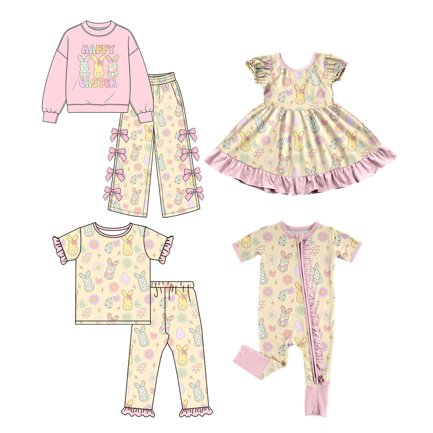 (Preorder new) No moq Baby Girls Easter Bunny Print Long Sleeve Sweatshirt And Side Bow Wide Leg Pants Spring Clothes Set Dress Rompers