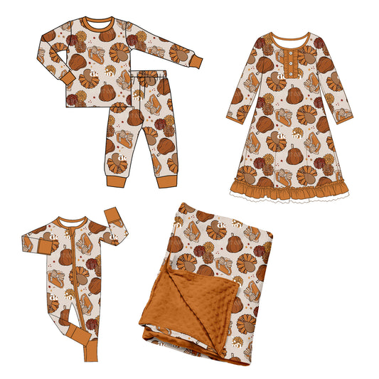 (Preorder new) No moq Baby Girls Turkey Pumpkin Print Long Sleeve Top And Pants Pajama Set Rompers Dress Blankets Thanksgiving Outfit