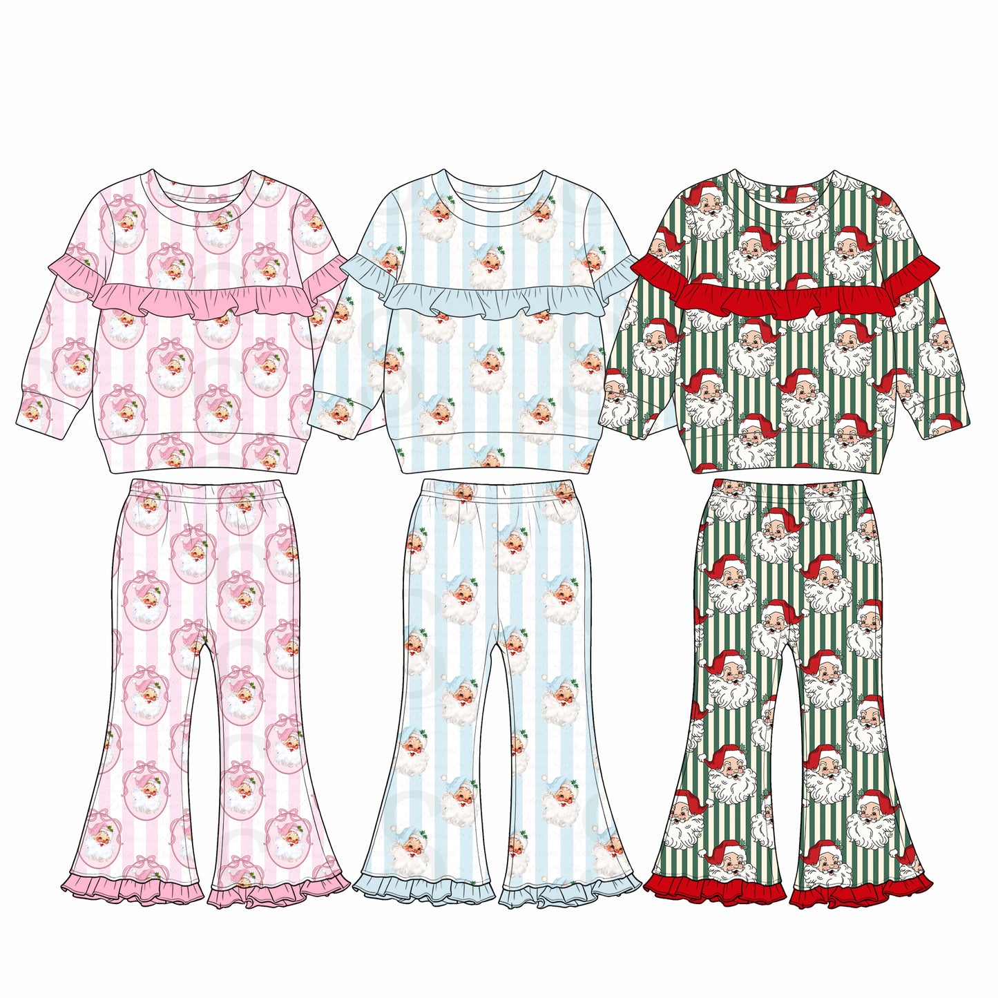 (Preorder new) No moq Baby Girls Cute Cute Santa Stripe Top Flared Bell Pant Christmas Clothes Set