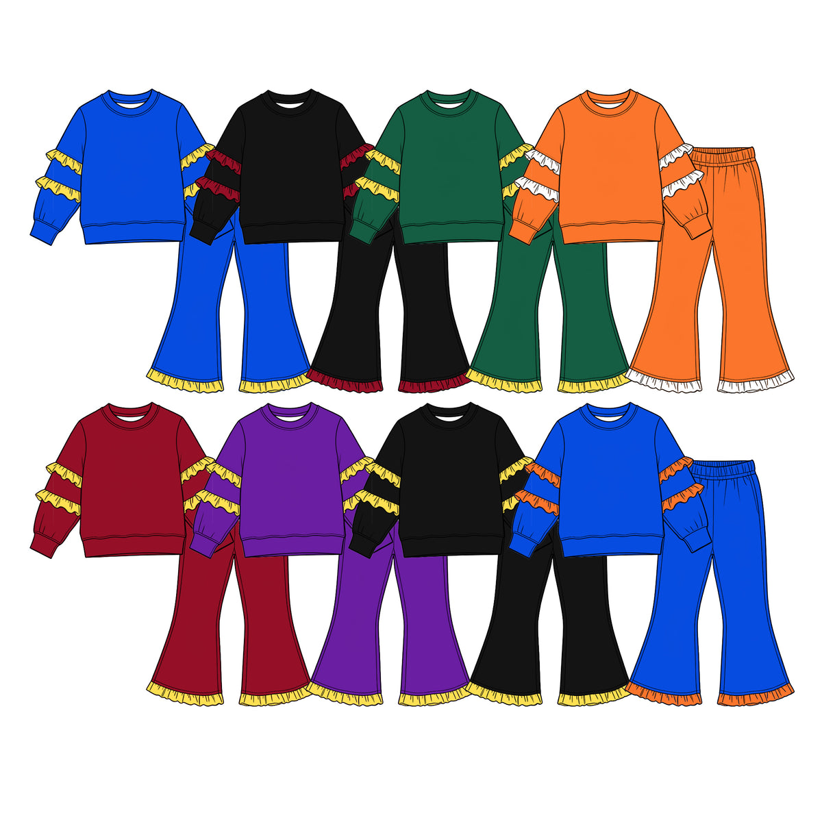 (Preorder new) No moq Baby Girls Solid Color Long Sleeve Top Double Ruffle Sleeve And Hem Bell Bottom Pants Set
