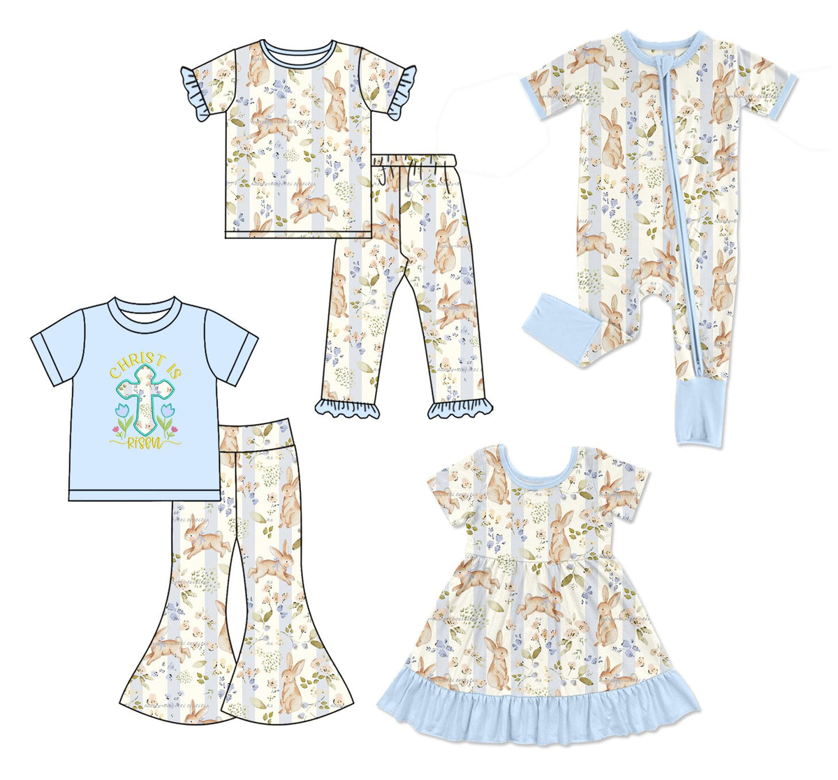 (Preorder new) No moq Baby Girls Easter Bunny Floral Print Tee And Bunny Floral Bell Bottom Pant Set Zipper Romper Ruffle Dress Outfit