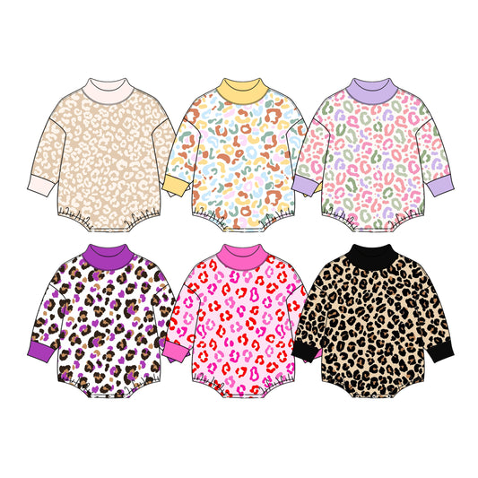 (Preorder new) No moq High Neck Baby Girls Colorful Leopard Print Long Sleeve Bubble Romper