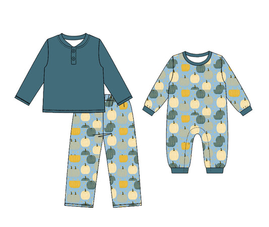 (Preorder new) No moq Baby Boys Solid Color Long Sleeve Top Pumpkin Print Pants Matching Pumpkin Print Long Sleeve Romper