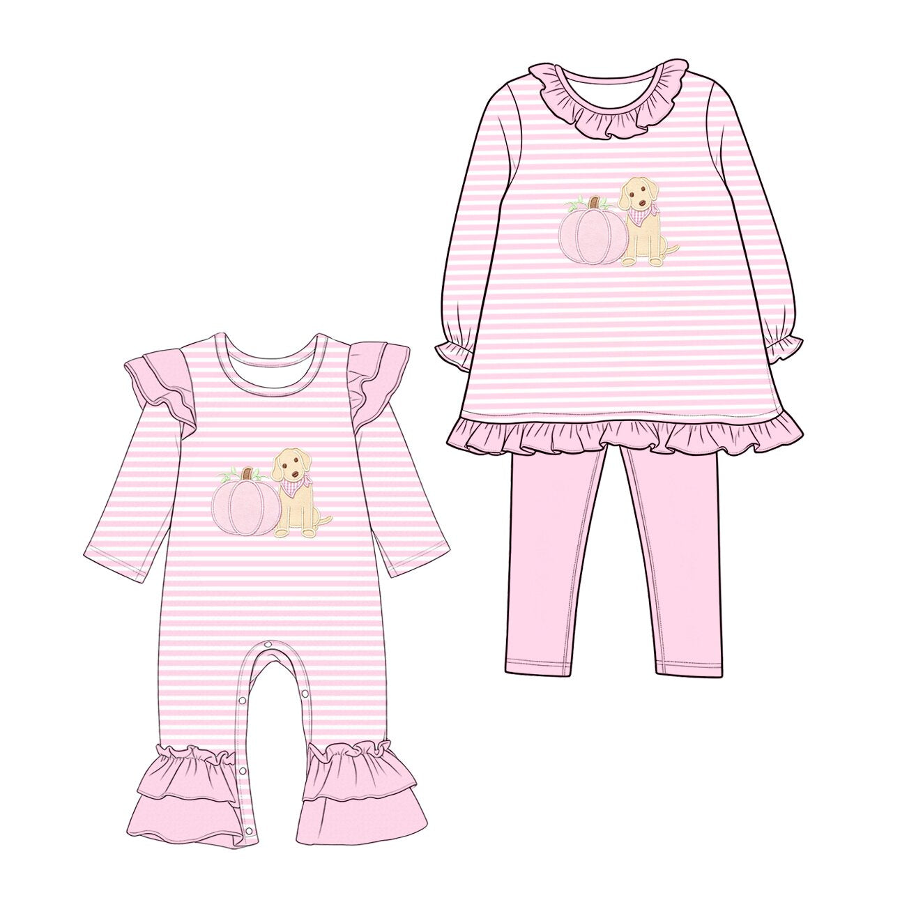 (Preorder new) No moq Embroidery Pumpkins Dogs Baby Girls Pink Stripe Tunic Leggings Fall Clothes Sets Rompers