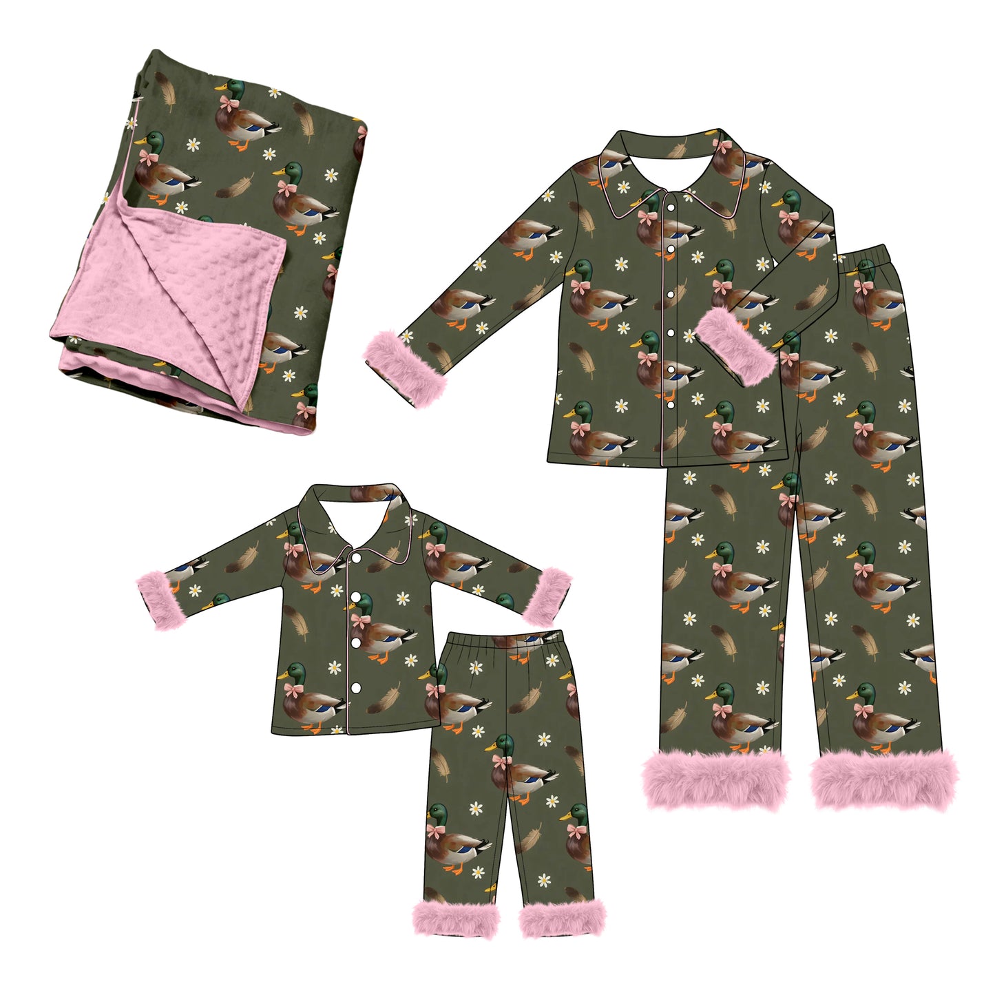 (Preorder new) No moq Adult And Kids Mallard Duck Print Fuzzy Trim Pajama Set Minky Blanket