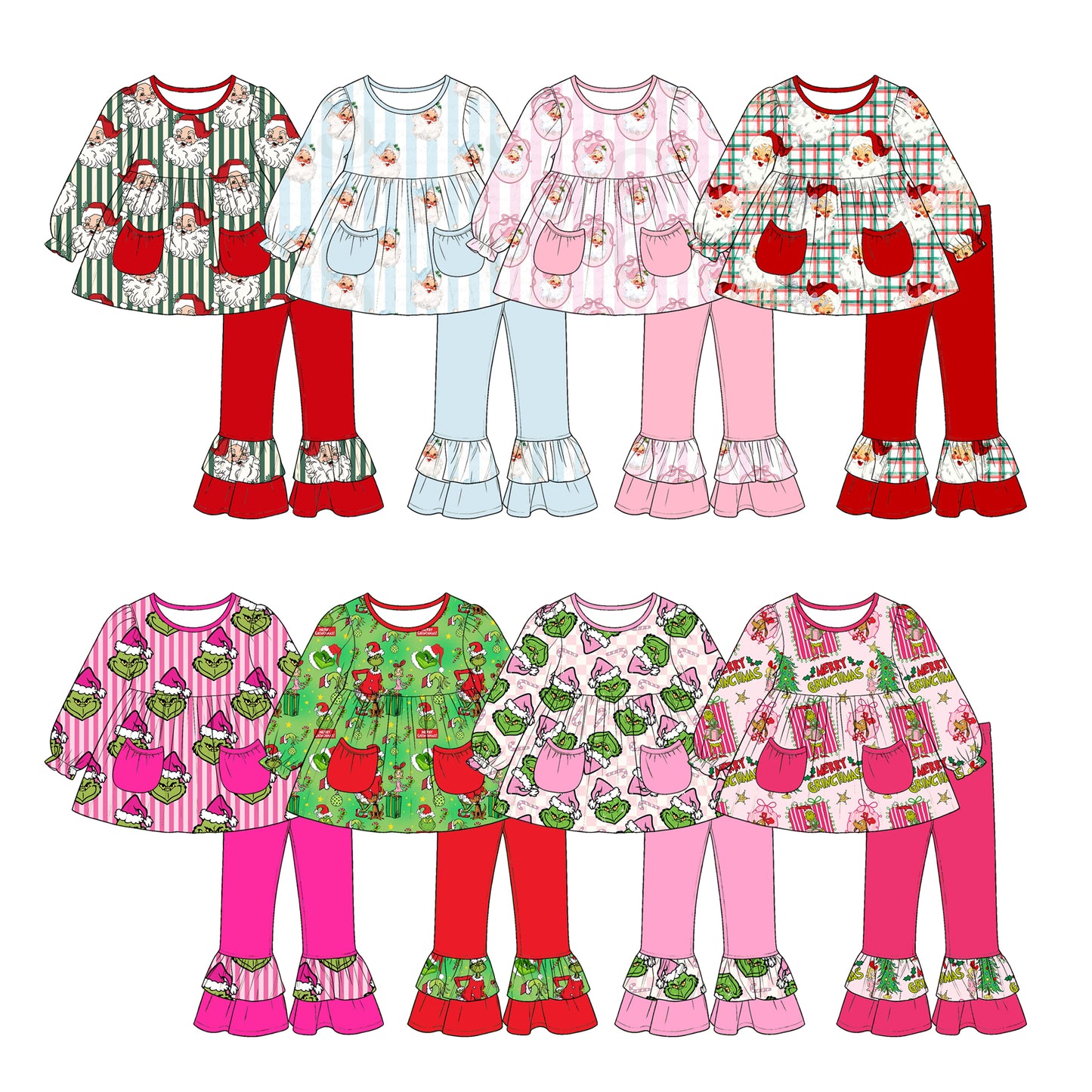 (Preorder new) No moq Baby Girls Christmas Stripe Print Pockets Tunic Top Ruffle Pants Fall Matching Clothes Set